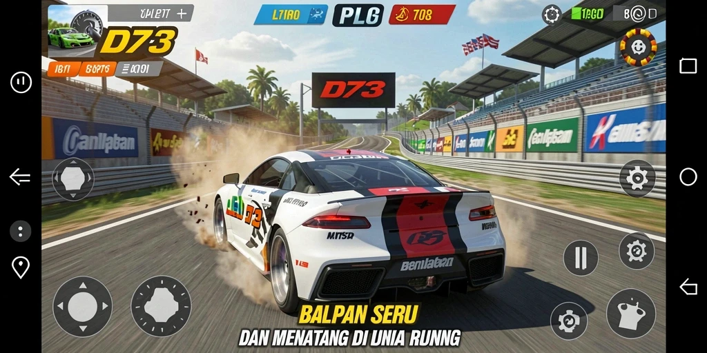 Gameplay seru D73 menunjukkan balapan yang mendebarkan di lintasan.