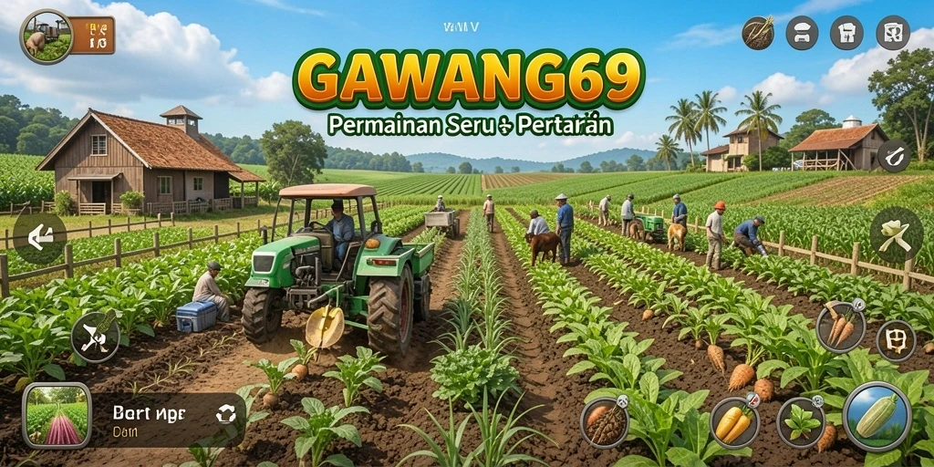 Screenshot gameplay GAWANG69 menampilkan ladang yang subur dan karakter lucu.