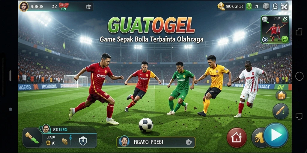 Screenshot utama GUATOGEL menampilkan aksi mendebarkan di lapangan sepak bola.