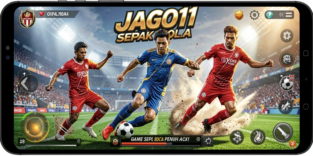 Screenshot menampilkan aksi seru pertandingan sepak bola JAGO11.