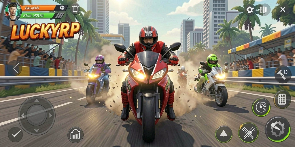 Gameplay menantang dengan berbagai motor dan trek balapan.