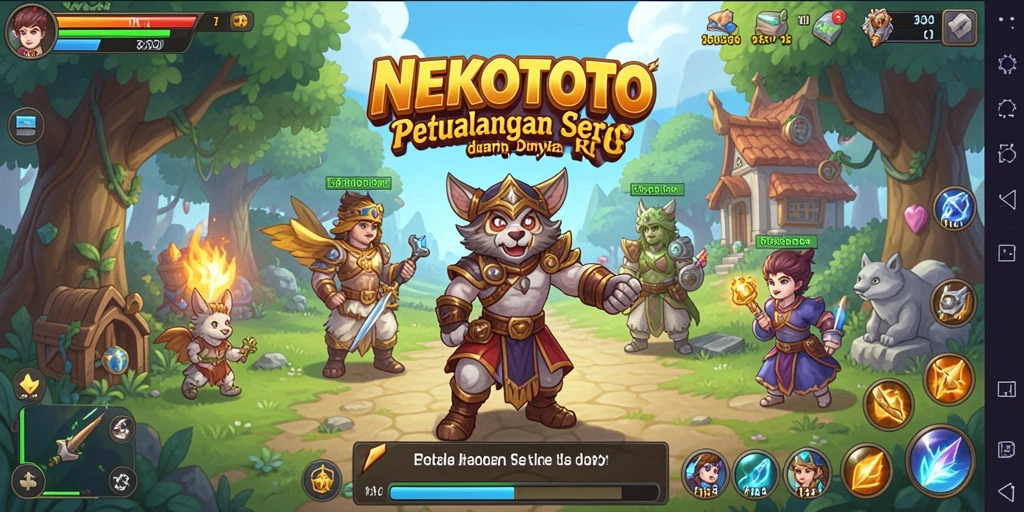 Screenshot NEKOTOTO menampilkan pertarungan seru dalam petualangan RPG.
