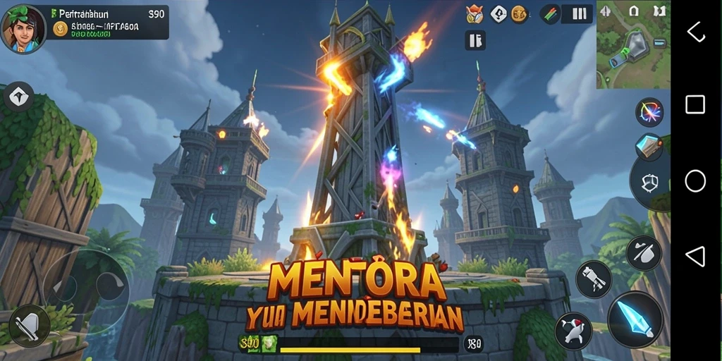 Tampilan menara dan serangan musuh dalam gameplay S80 yang menegangkan.