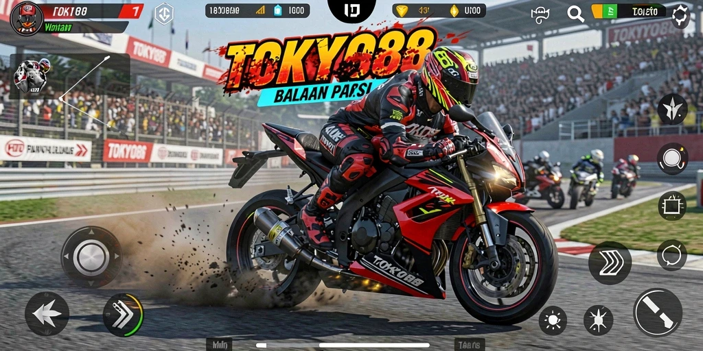 Screenshot menampilkan balapan seru di jalanan Tokyo dengan motor yang cepat.