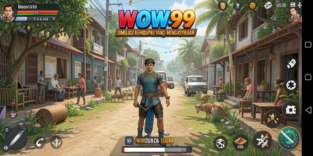 Screenshot utama WOW99 menampilkan karakter berinteraksi dalam dunia yang kaya dan berwarna.
